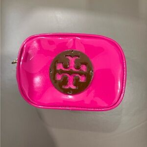 Tory Burch Neon Pink Patent Logo Cosmetic Case